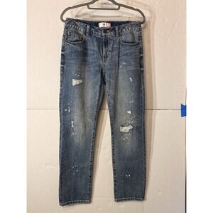 Cabi BF Jeans Size 2 Distressed Bleach Splatter 100% Boyfriend Mid Rise Straight